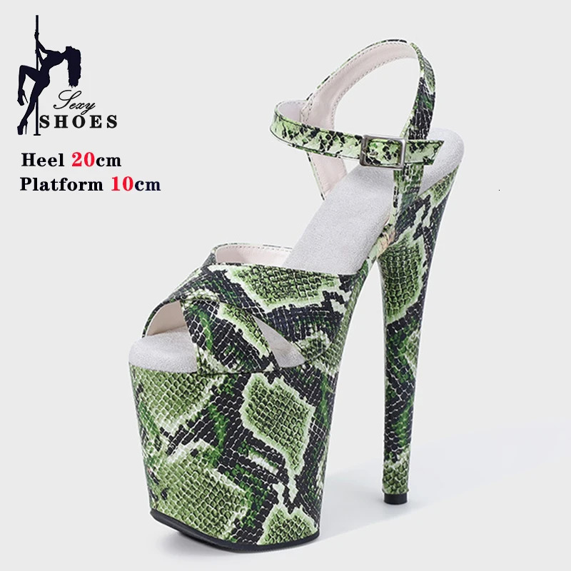 8Inch/20cm Women Sandals Exotic High Heel Platform Pole Dance Shoes Open Toe Green Snake Print Sexy Nightclub Catwalk Heels 250617