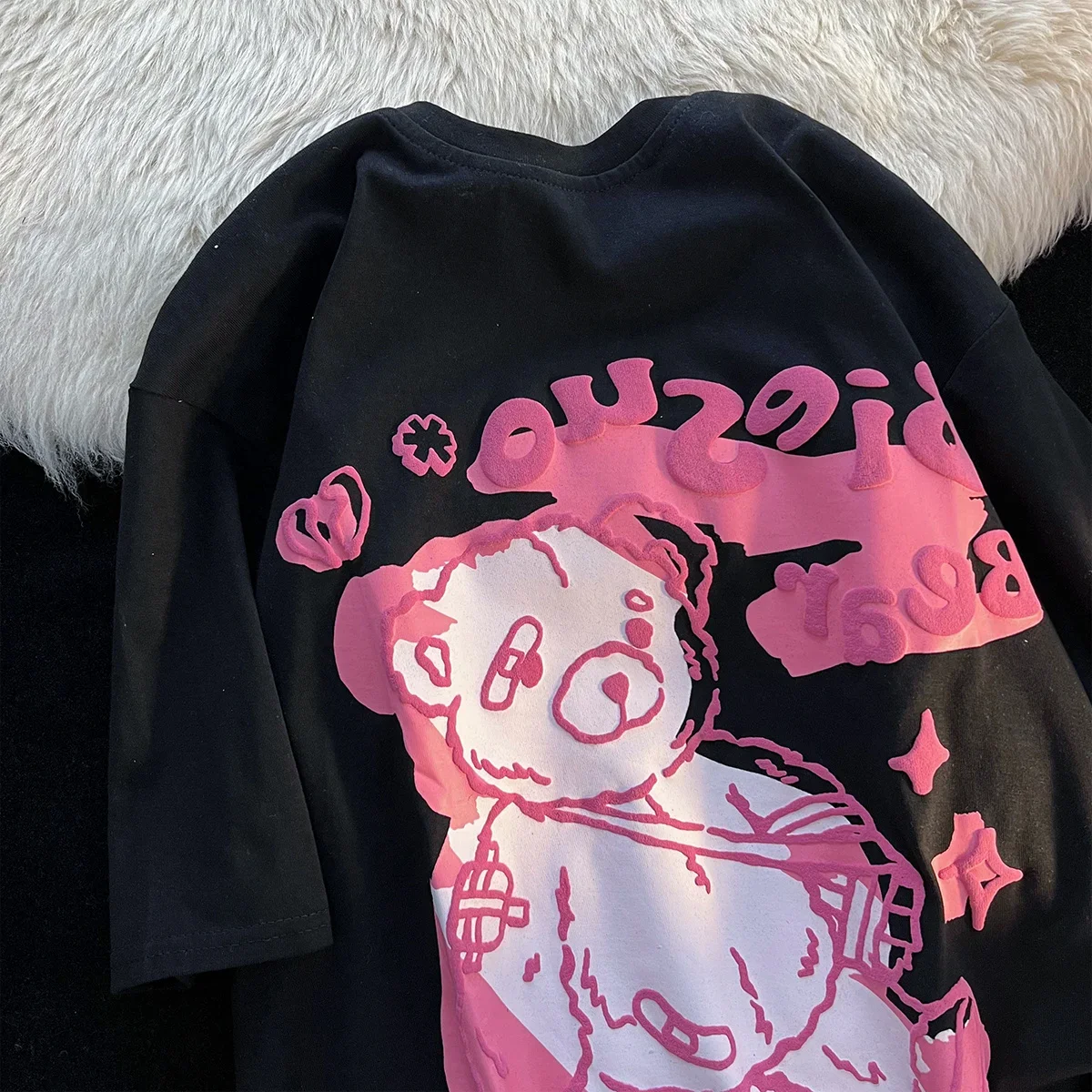 Summer Large Bear Women T-shirt American-Style Retro Short Sleeve Ins Trendy Cartoon Graffiti Fat Top Graphic Oversized T Shirts