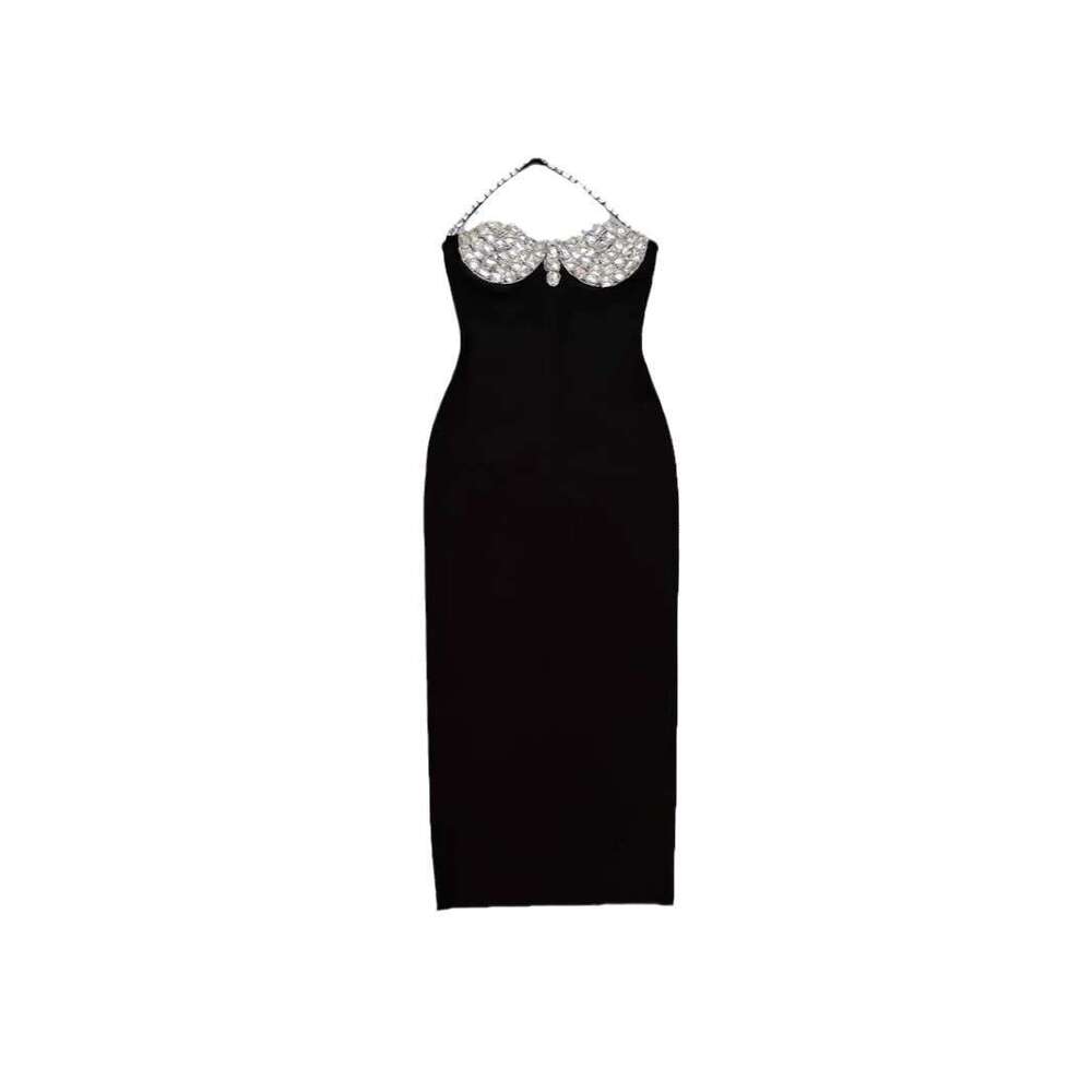 Long Dress Autumn Women S Hot Sale Black Rhinestone Halter Neck Sexy Backless Celebrity Stage Performance Bandage Dress Sexy Long Skirt