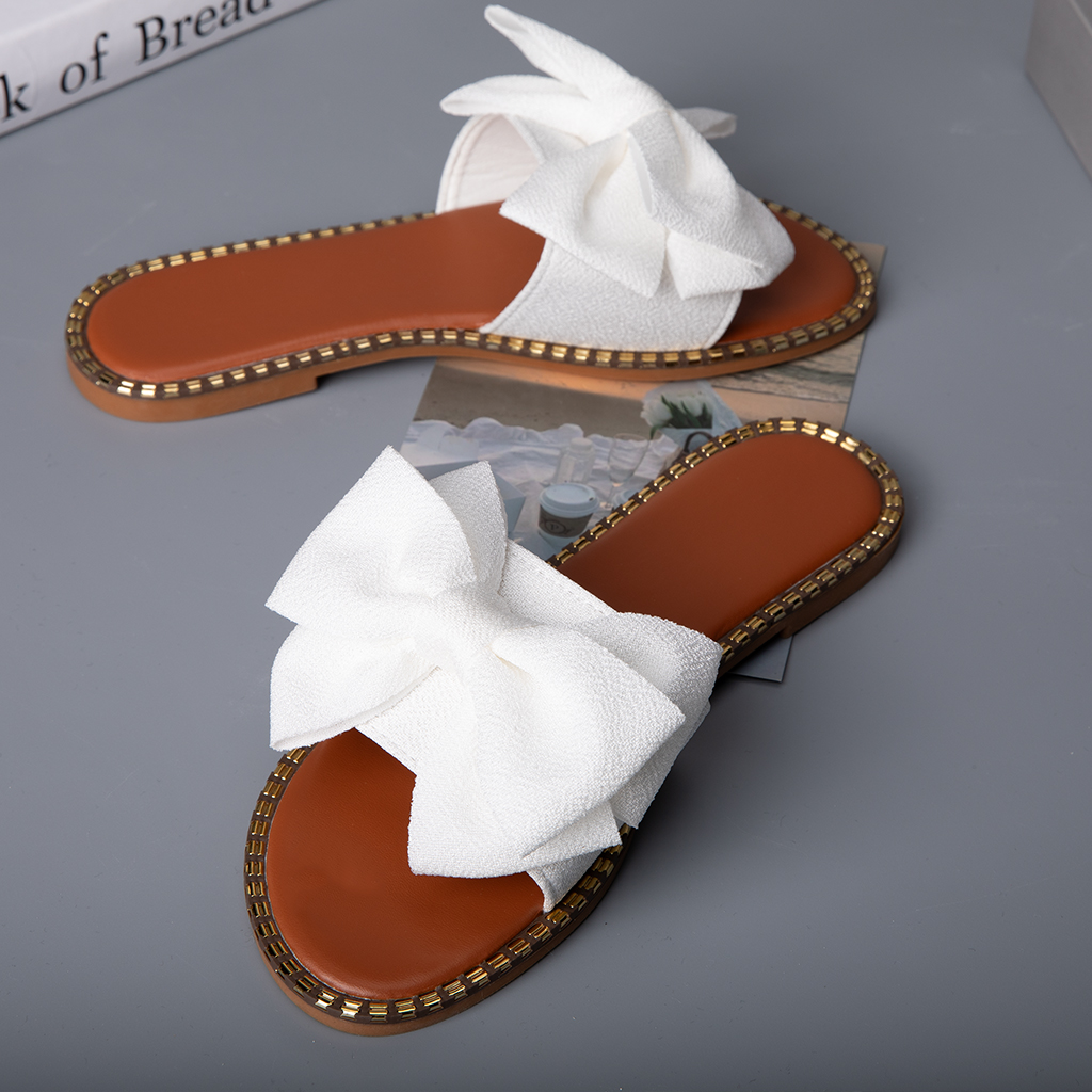 526-Women's classic bow sandals, classic fashion, shiny flat sandals, open-toe slippers, holiday sandals
