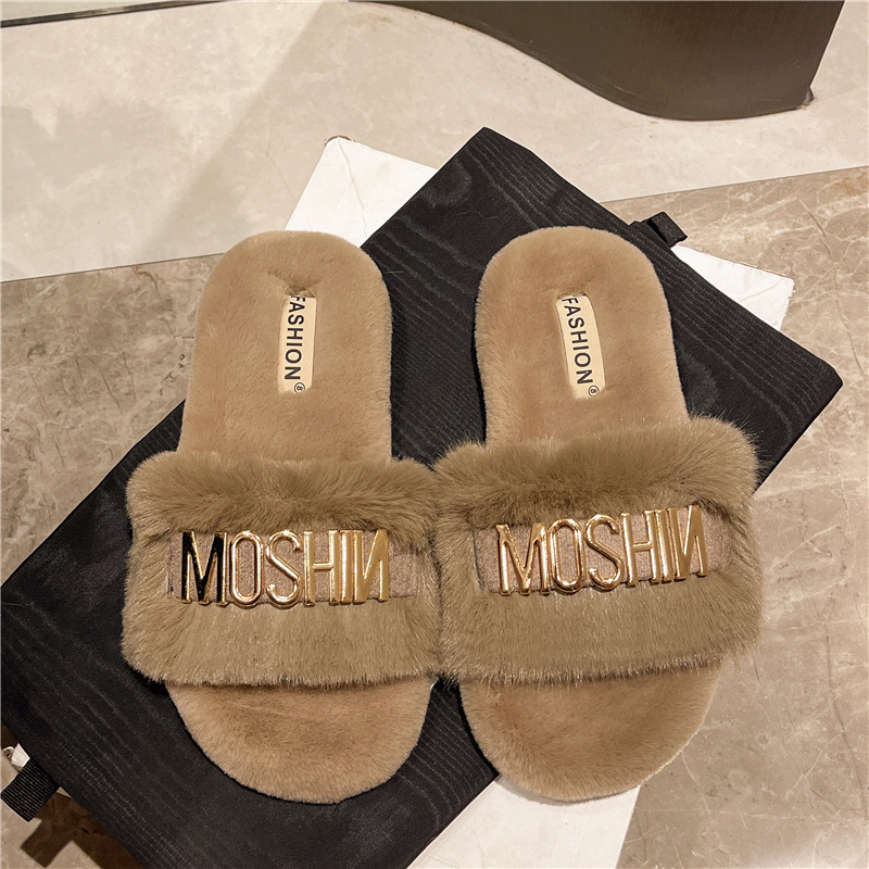 Designer soft-soled letter woolen slippers for women to wear as outerwear, 2025 autumn and winter home indoor one-shoulder cotton slippers Free Shippi