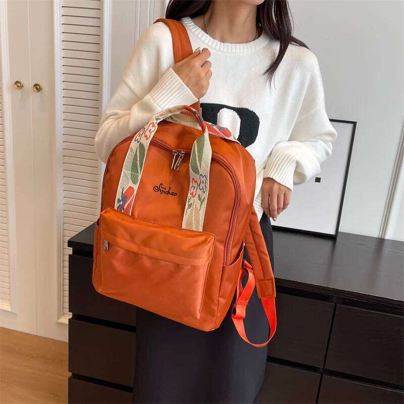 Nylon Fabric Fashion Backpack For Women Floral Hand Strap Pure Color Large Capacity Travel Bag Multi-Pocket School Book Rucksack