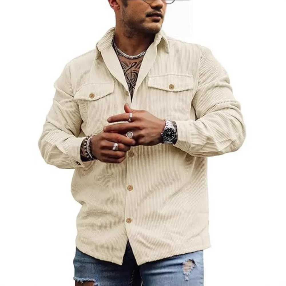Corduroy jacket long-sleeved striped casual retro jacket with double pockets and buttons work top jacket. XJ250621