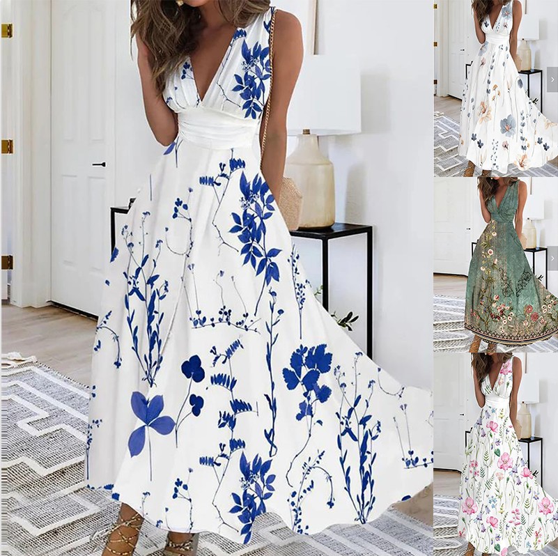 K620Women's summer new V-neck high waist sleeveless printed sexy vest dress