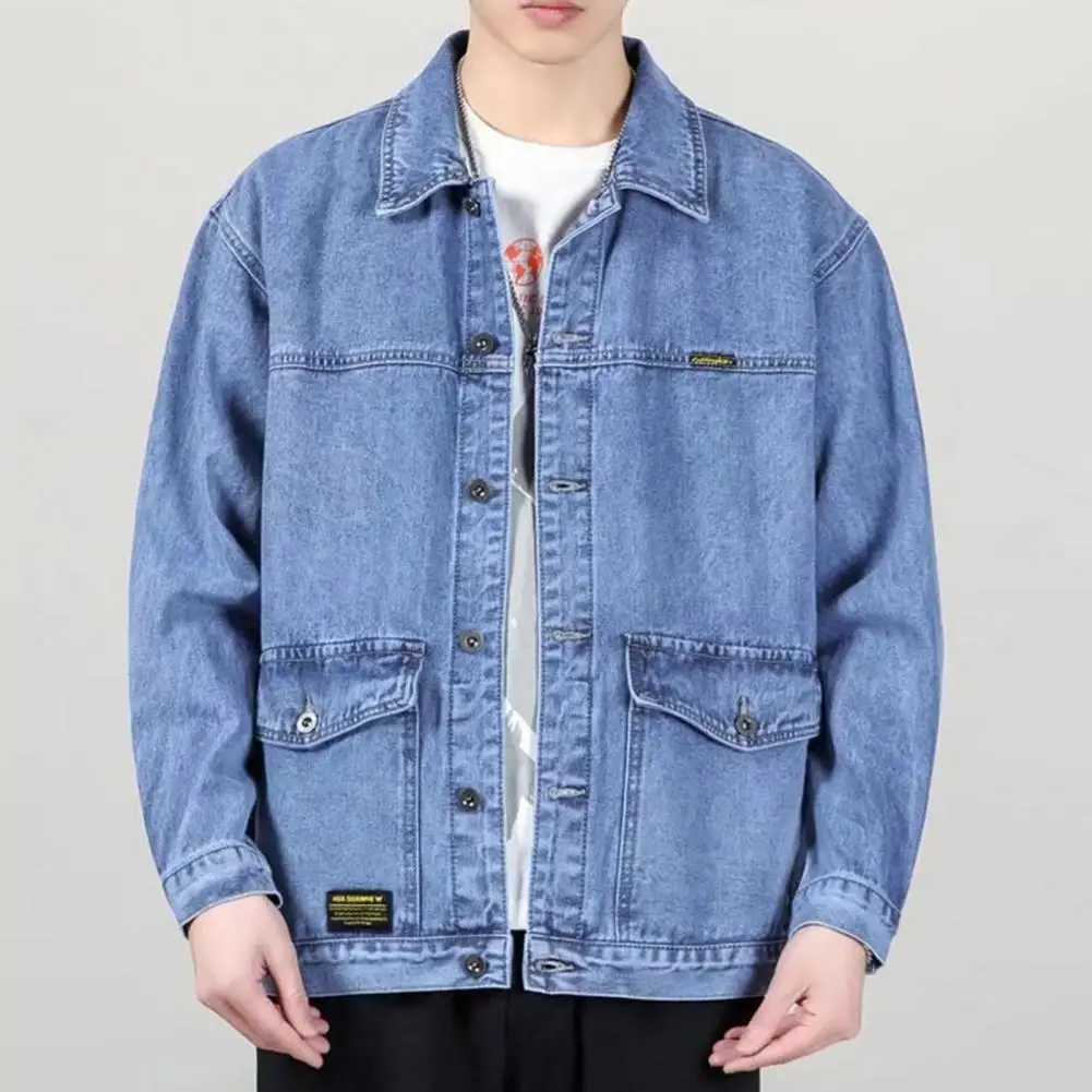 Versatile Denim Jacket Stylish Mens Denim Jacket with Lapel Collar Long Sleeves Large Pockets Fashionable Spring Autumn for Men XJ250621