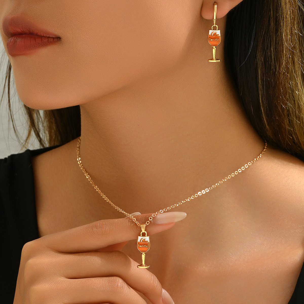 Wind Women Necklace Earring Set Personality Wine Glass Oil Drop Pendant Design Clavicle Chain Earrings