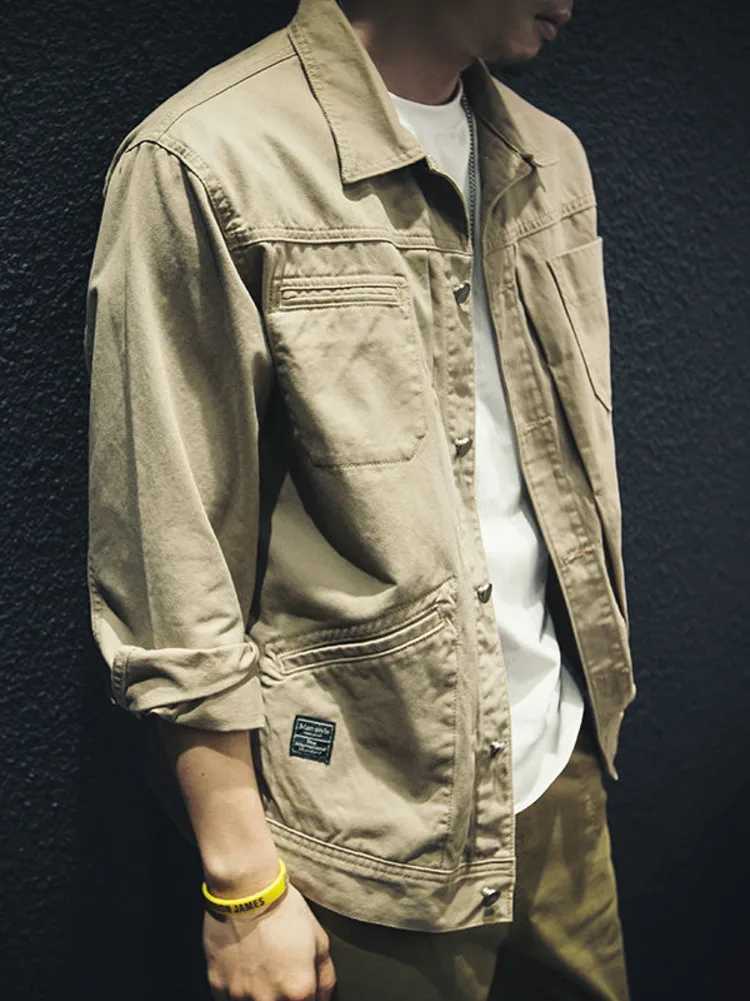 Vintage Cargo Denim Jacket Mens Washed Loose Casual Cotton Long Sleeve Jacket Men Spring Autumn Shirt Coat XJ250621