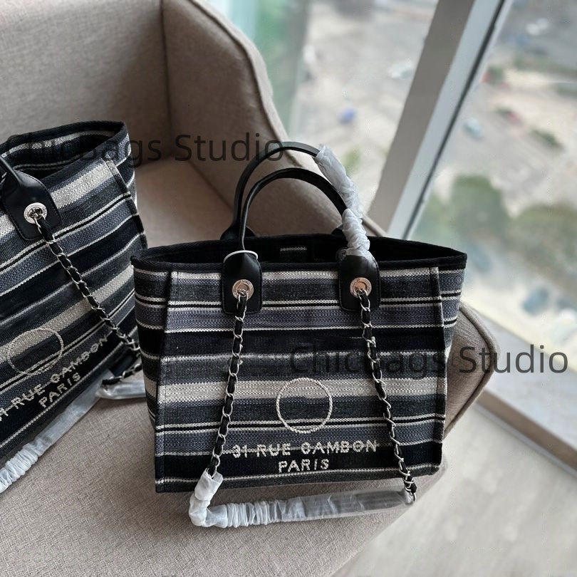French Women Shoulder Bag Designer Handbags Denim Canvas Stripe Beach bag Deauville Chain Bag Top Handle Totes Silver Metal Hardware Large Capacity Shopping Pocket