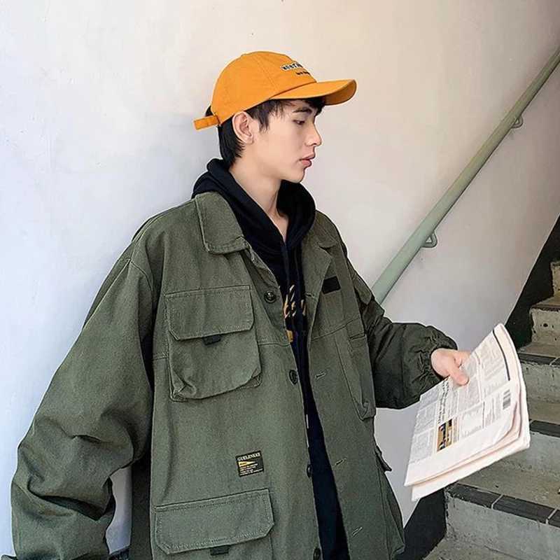 Spring Autumn Workwear Jacket Mens Trendy Hong Kong Style Lapel Coat Punk Oversized Harajuku Bomber Jacket Retro Casual Jacket XJ250621