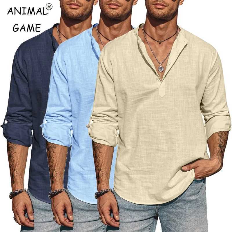 Mens Long Sleeve Cotton Shirt Linen Stand Collar T-shirts Lightweight Breathable Streetwear Half Button Hawaiian Large Shirt XJ250621