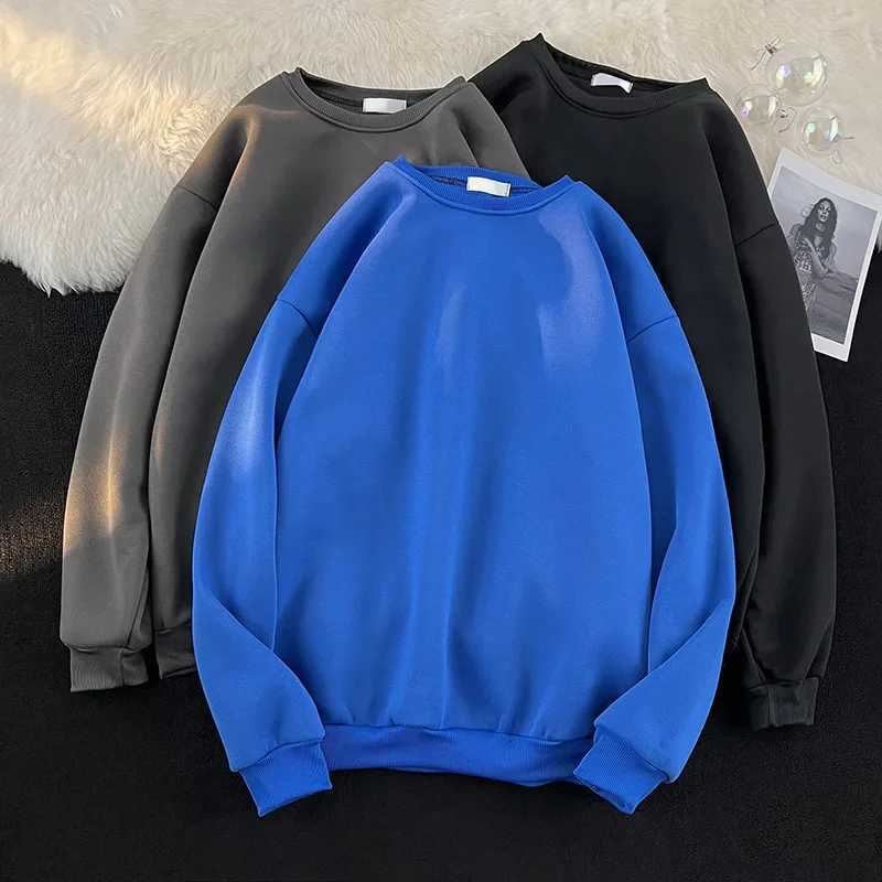 Warm Fleece Lined Long Sleeve Round Neck Base Shirt for Men Casual Versatile Solid Color Sweatshirt Top Candy Color Options XJ250621
