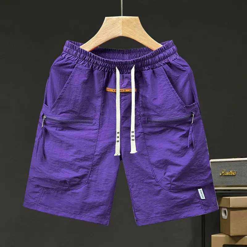 Male Short Pants Quickly Do with Draw String Elastic Waist Mens Cargo Shorts Purple Solid Streetwear Comfortable Nylon Casual W250705