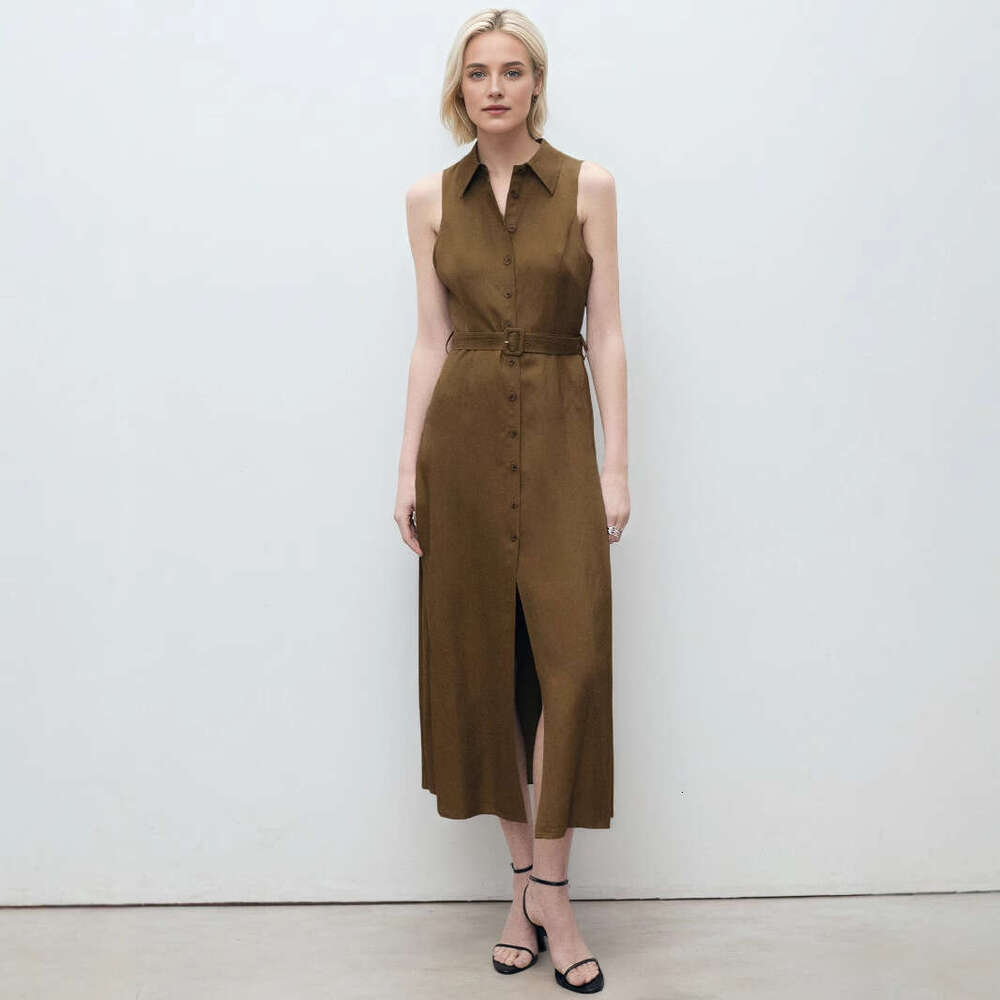 Long Dress Summer New Split Long V Neck Sleeveless Solid Color Waist Cinching Shirt Dress Fashion Simple Commuter Sexy Long Skirt