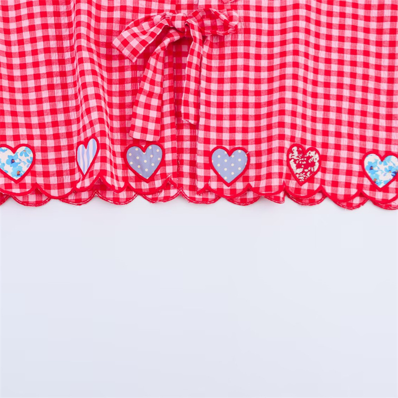 2025 Spring/Summer New Casual Women's Clothing Love Grid Embroidered Lace up Shirt with Bow Decoration