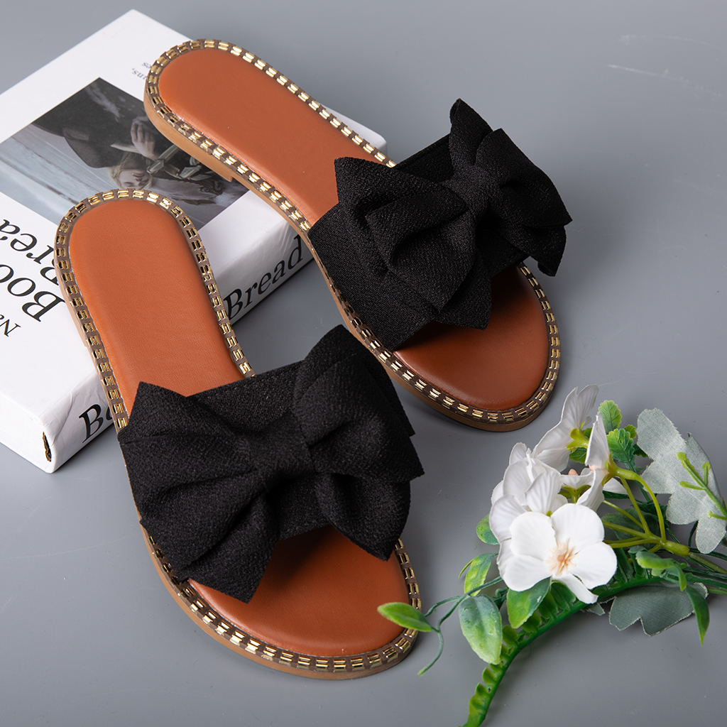 526-Women's classic bow sandals, classic fashion, shiny flat sandals, open-toe slippers, holiday sandals