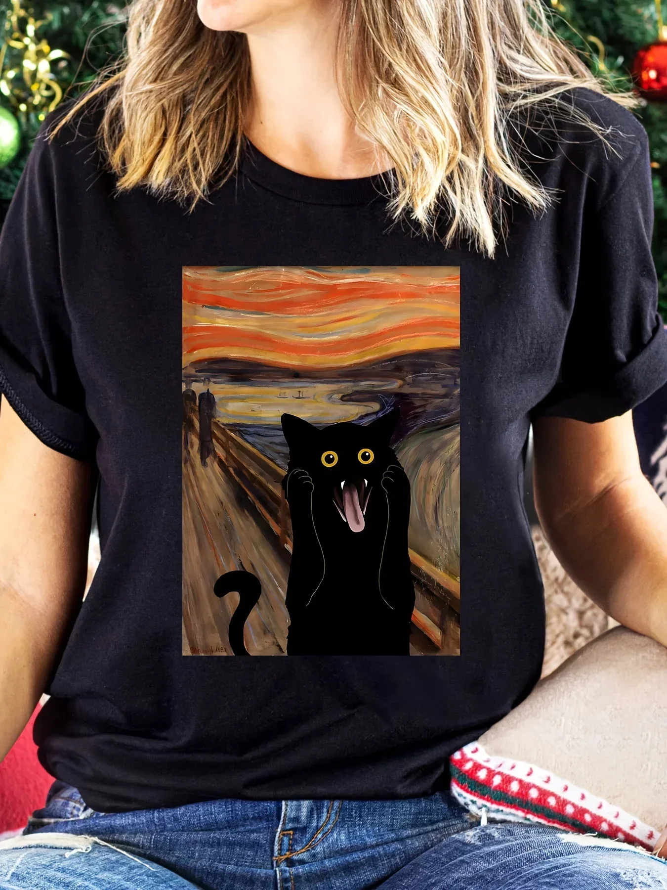 Scared Cat Print Crew Neck Women's T-shirt Casual Short Sleeve Top for Spring Summer Y2k Top Women's Clothing Y2k Top Graphic