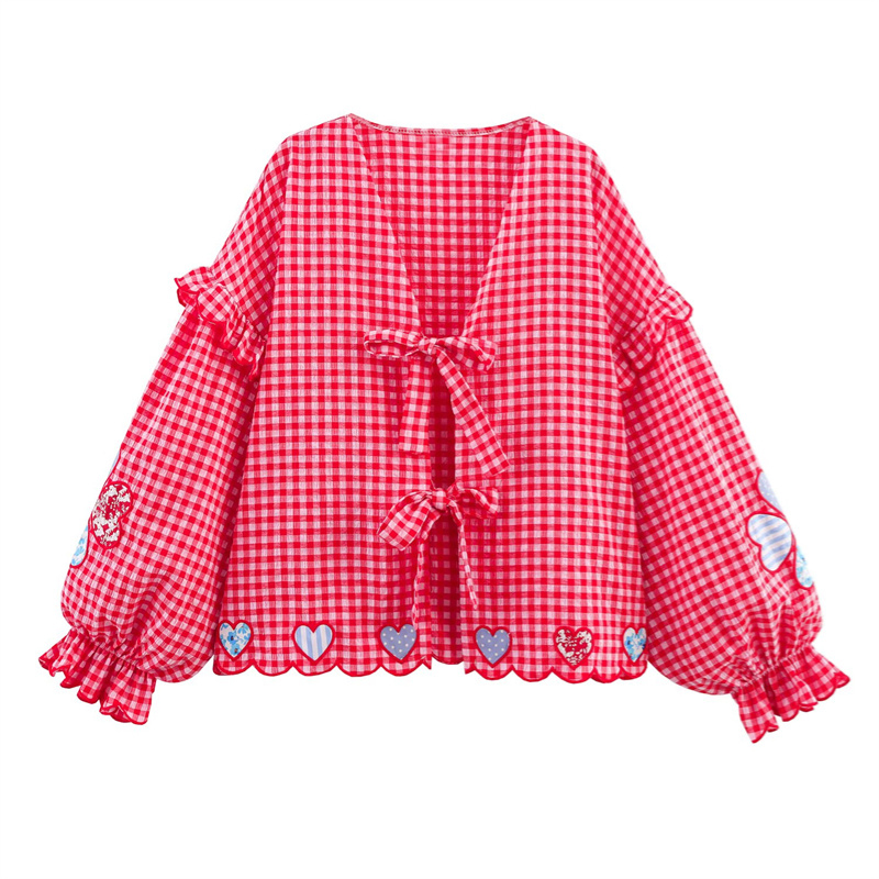 2025 Spring/Summer New Casual Women's Clothing Love Grid Embroidered Lace up Shirt with Bow Decoration