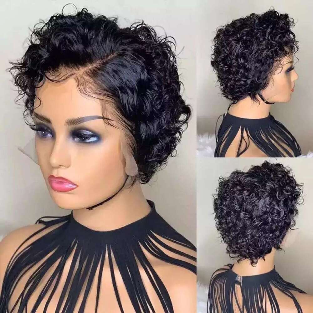 Black Middle Part With Hand-Tied Curly Short Hair Synthetic Wig For Women