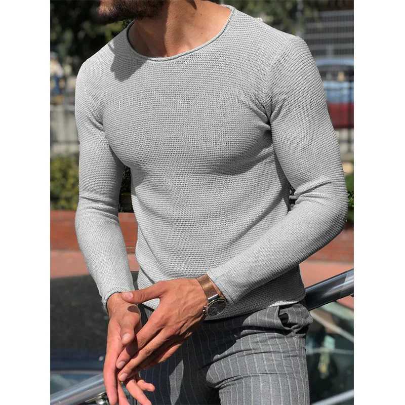 Mens sweater fashion mens casual round neCK sweater solid color slim fit long sleeved knitted pullover top Z250621