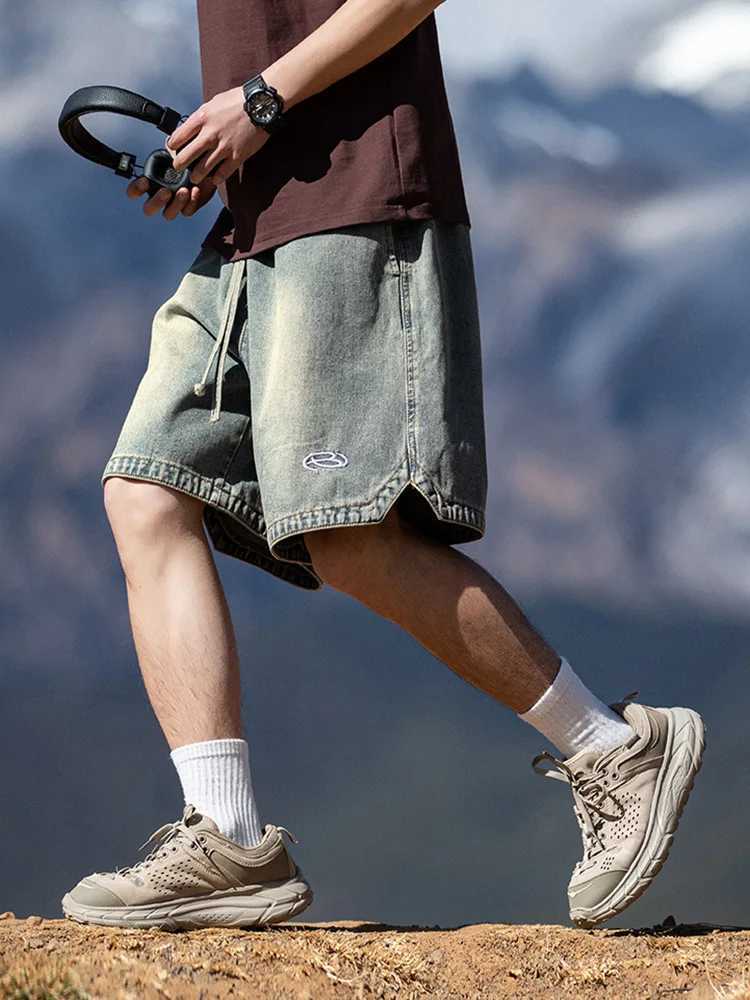 Mens Vintage Washed Cargo Shorts Summer 2025 Embroidered J-Style Loose Fit Drawstring Streetwear W250621