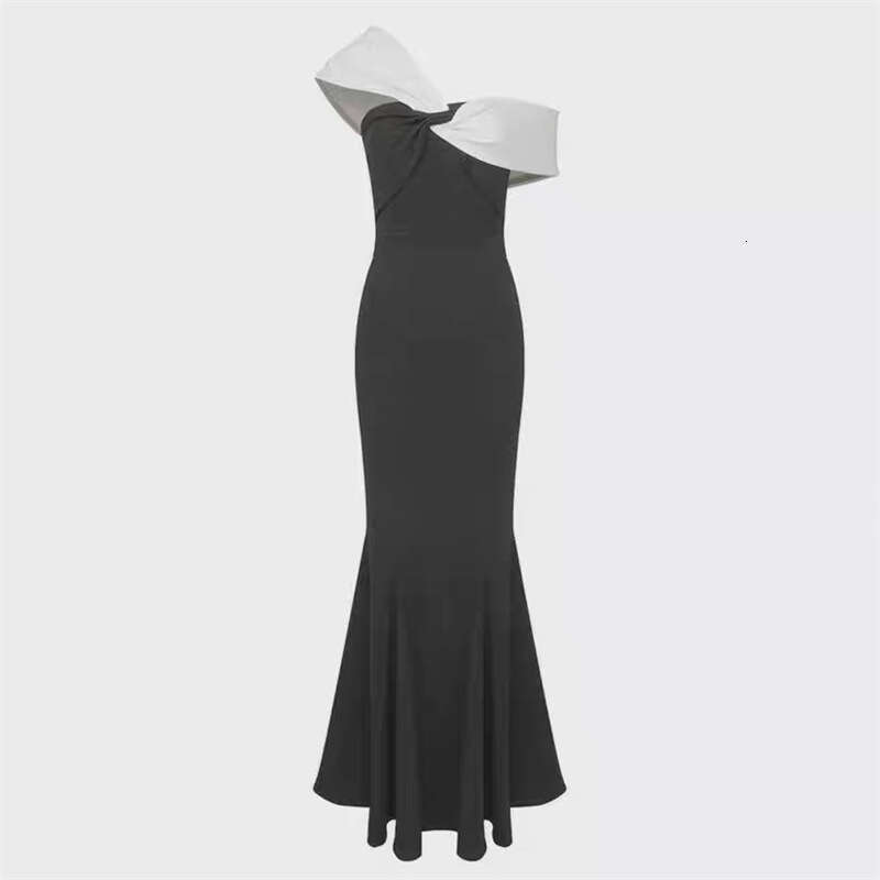 Long Dress Summer French Niche Design Liu Shishi Celebrity Same Style Fashion Color Block Off Shoulder Slim Fit Mermaid Long Dress Gown Sexy Long Skir