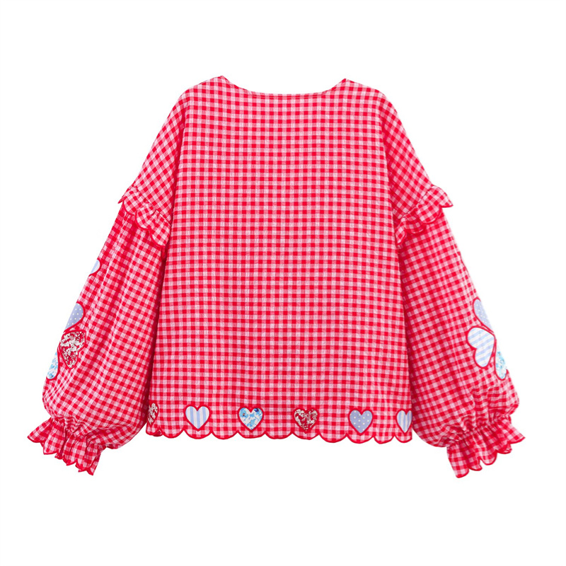 2025 Spring/Summer New Casual Women's Clothing Love Grid Embroidered Lace up Shirt with Bow Decoration