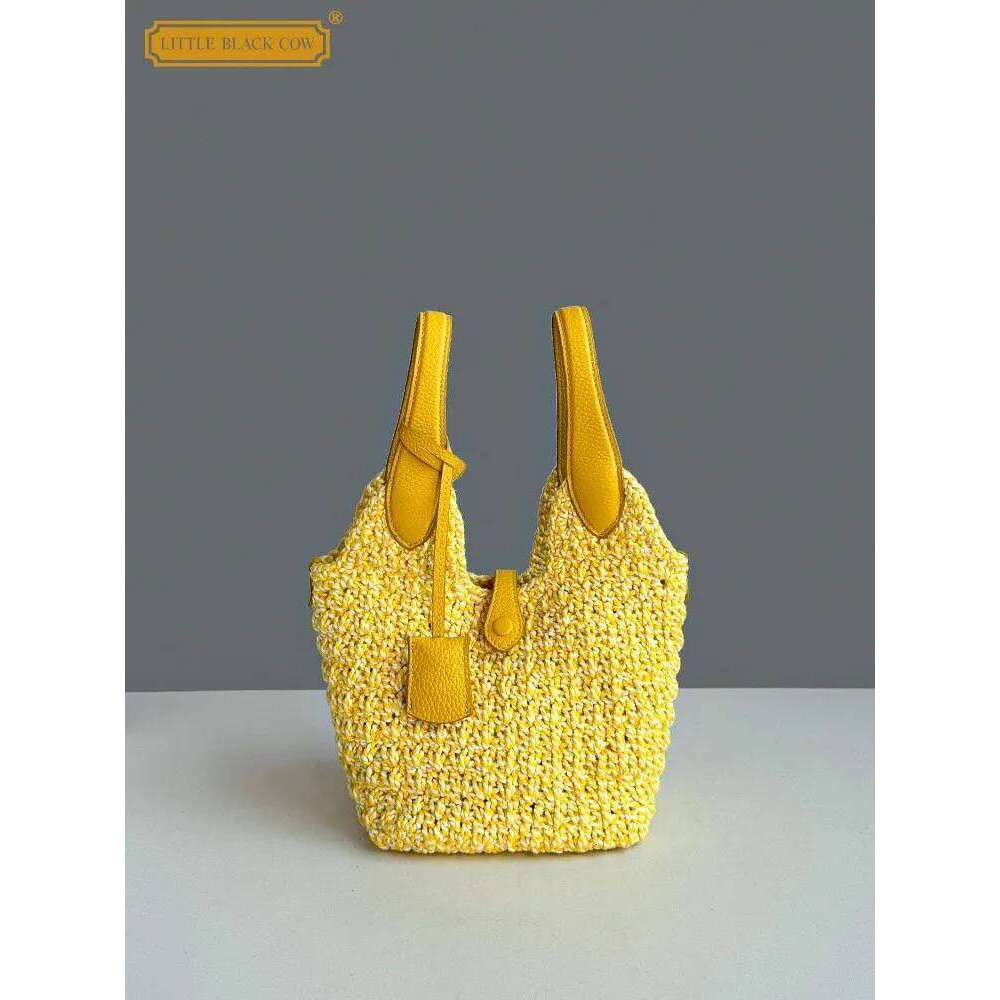 2025 New Women Summer Holiday Vintage Bucket Shoulder Bags Cow Leather Spliced Beach Woven Bag Casual Totes Designer Handbag