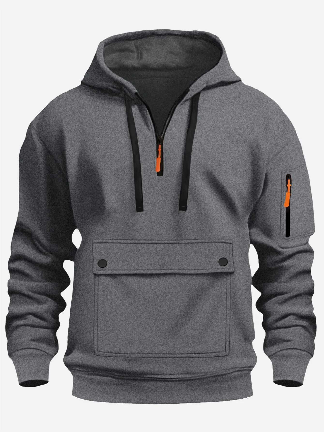 Mens casual large pocket zipper hoodie - solid color long sleeve autumn and winter sports and leisure trendy street style polyester XJ250621