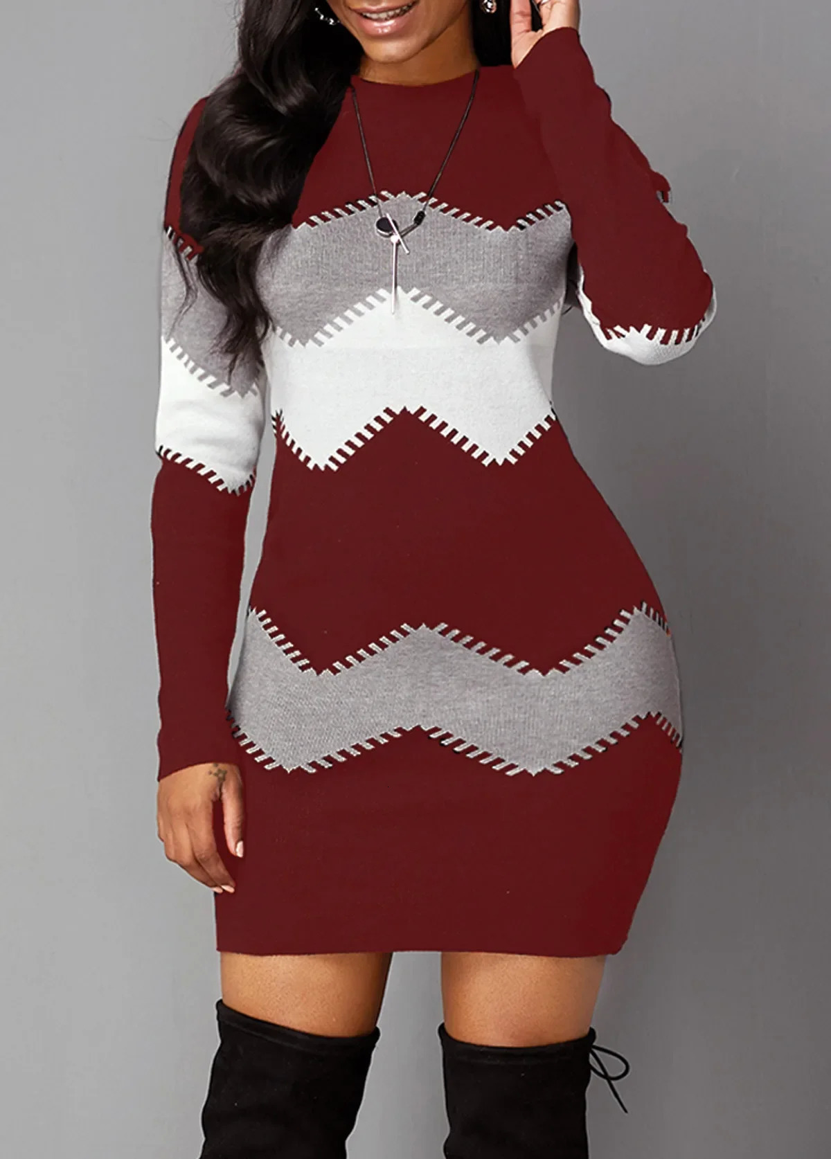 Autumn/Winter Womens Mid length Short Skirt Round Neck Long Sleeve Knitted Bottom Wrap Dress for Women 250617