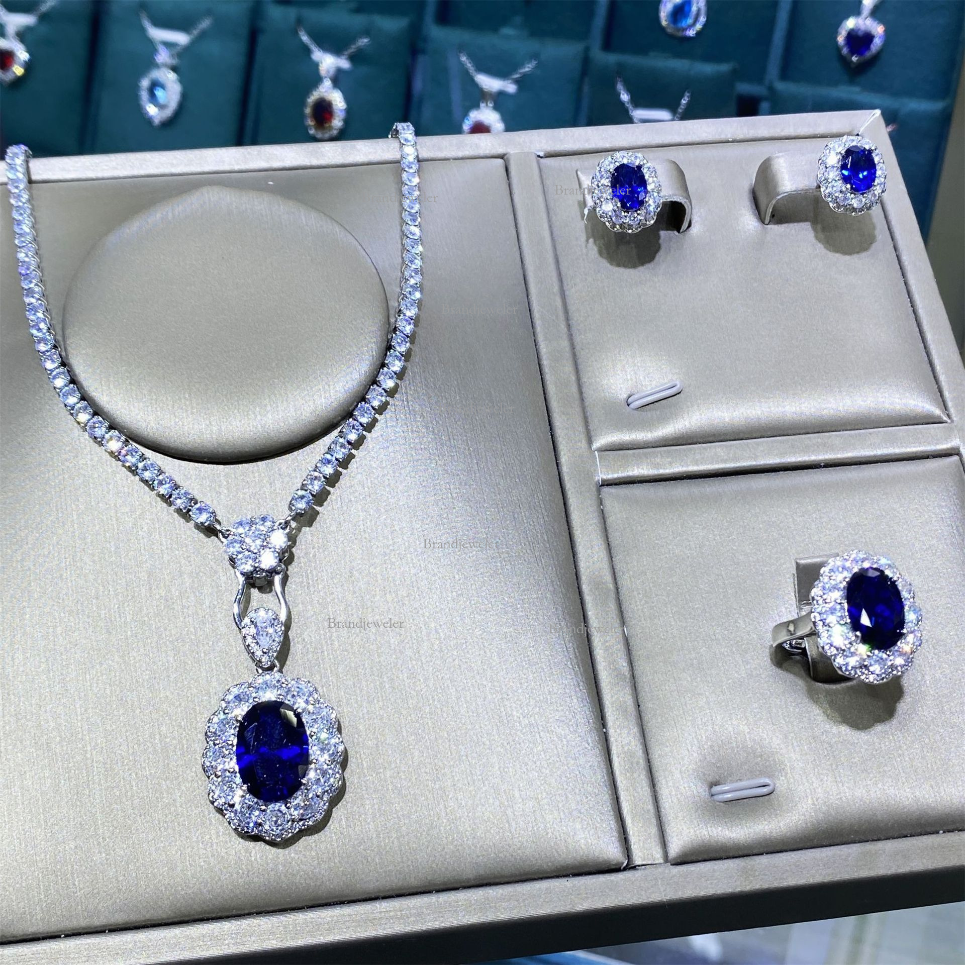 Free Delivery Cover Blue Topaz Blue Designer Necklace Corundum Full Diamond Luxurious Open Ring For Women 2025 Model Elegant Pendant Earrings Three-pi