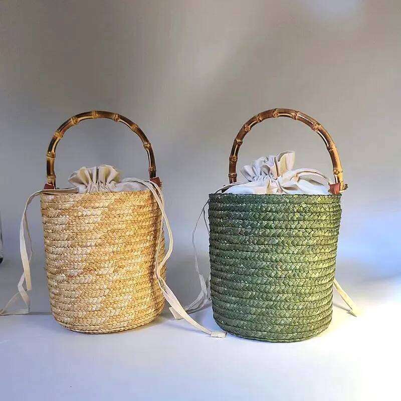 New Bucket Straw Grass Handbag, Genuine Bamboo Handle, Grand Hand Woven Flower Basket, Forest Style Women's Bag