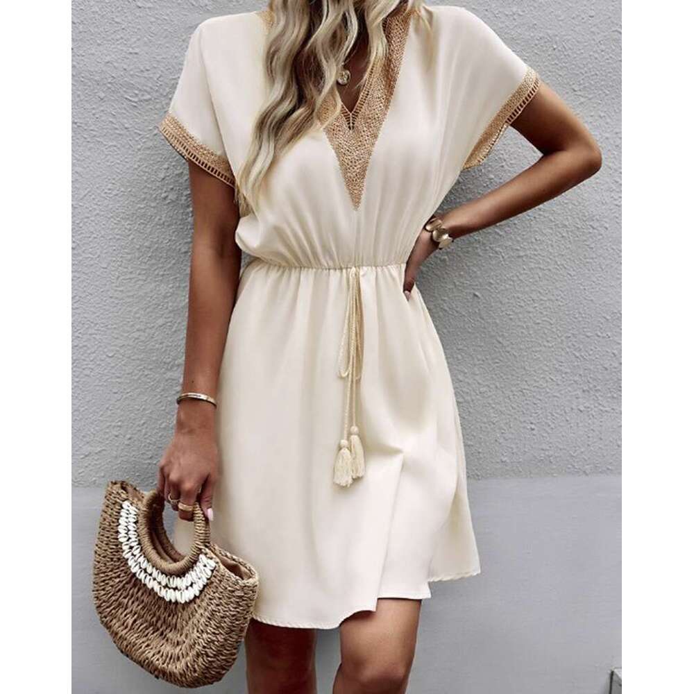 Long Dress Spring Summer Solid Color Short Sleeve Ruffle V Neck Waist Cinching Dress Sexy Long Skirt