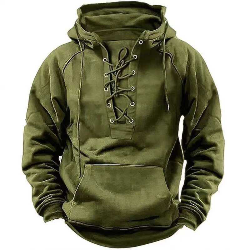 Autumn Fashion Mens Hooded Sweatshirts Lace-up Drawstring Long Sleeve Loose Hoodies Men Streetwear Vintage Solid Color Hoodies XJ250621