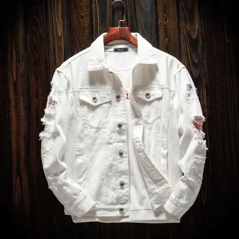 New Mens Jean Jacket Slim Fit Cotton Denim Jacket Red White Black Ripped Hole Jean Coats Men Outerwear Plus Size Streetwear XJ250621