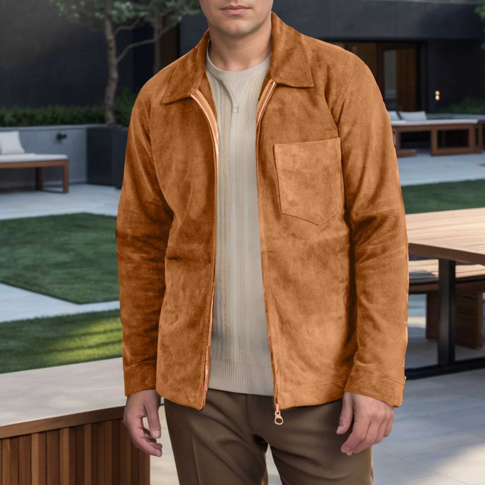 Mens Vintage Suede Jacket Full Zip Casual Work Wear Lightweight Classic Long Sleeve Trucker Coat Work Jackets For Men Loose Fit XJ250621