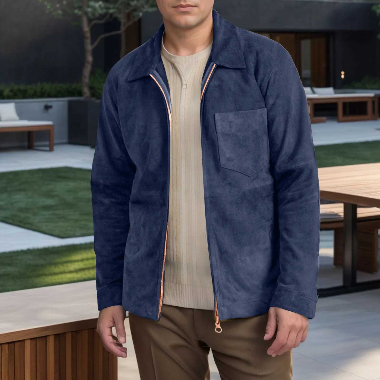 Mens Vintage Suede Jacket Full Zip Casual Work Wear Lightweight Classic Long Sleeve Trucker Coat Work Jackets For Men Loose Fit XJ250621