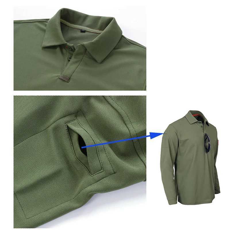 Mens Tactical Long Sleeve Polo Shirt Quick Dry Elastic Breathable T-Shirt for Hiking Camping Spring Pullover Outdoor Clothing XJ250621