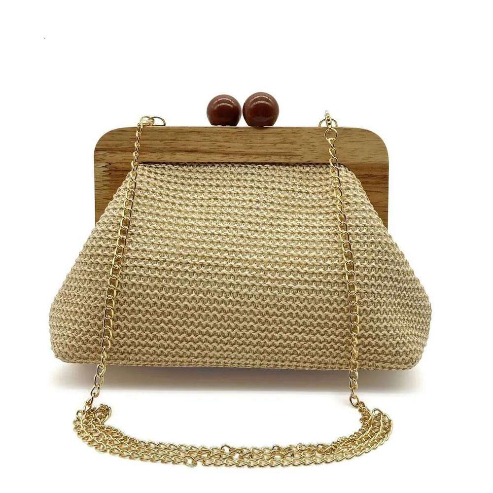 Fashion Wooden Clip Shell Clutch For Women Straw Chains Shoulder Crossbody Bags Casual Summer Beach Bag Elegant Party Purse