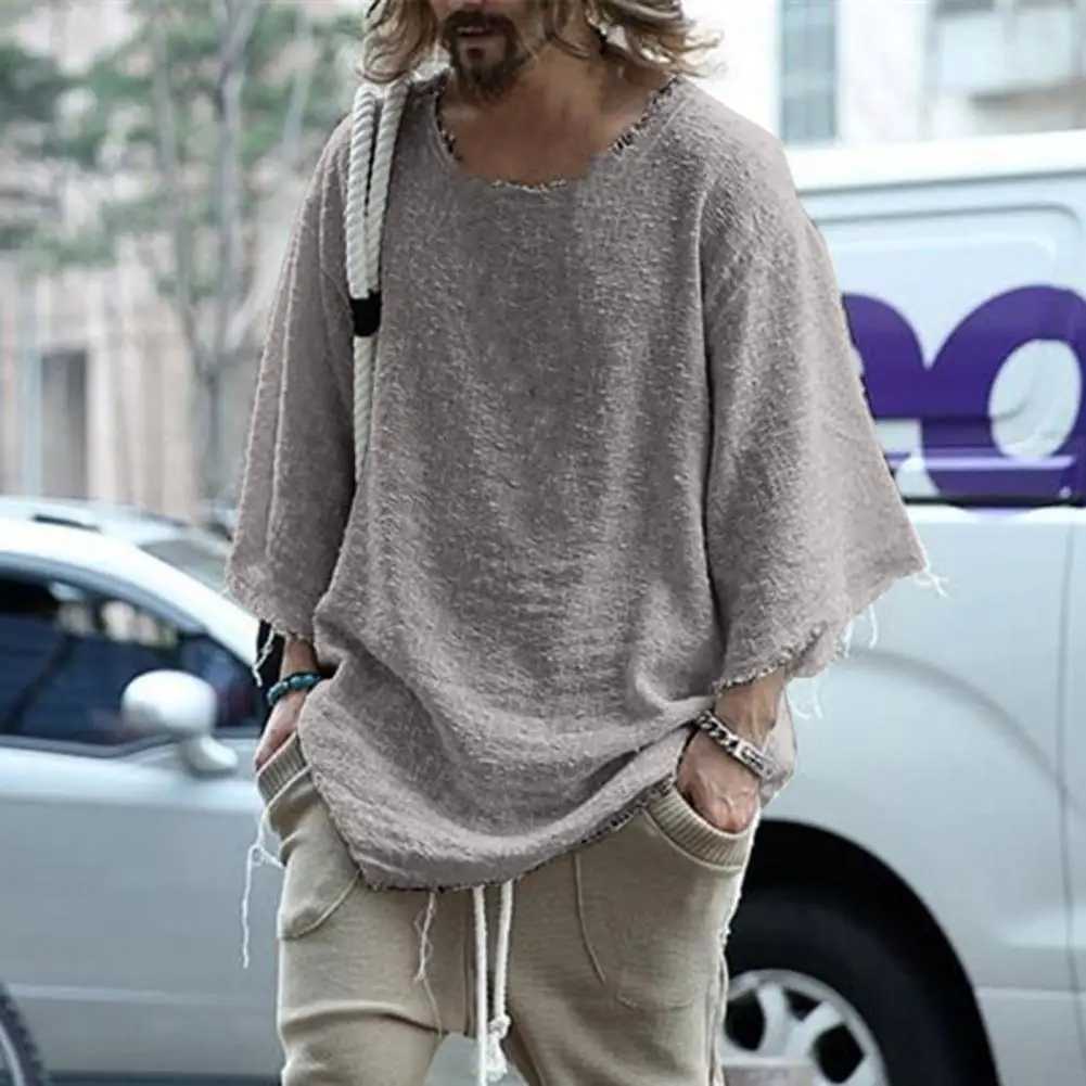 Men T-shirt Cotton Blend Casual Solid Color Burrs Edge T-shirt Leisure Individual Old Style Loose Type Ripped Edge Loose T-shirt Z250621