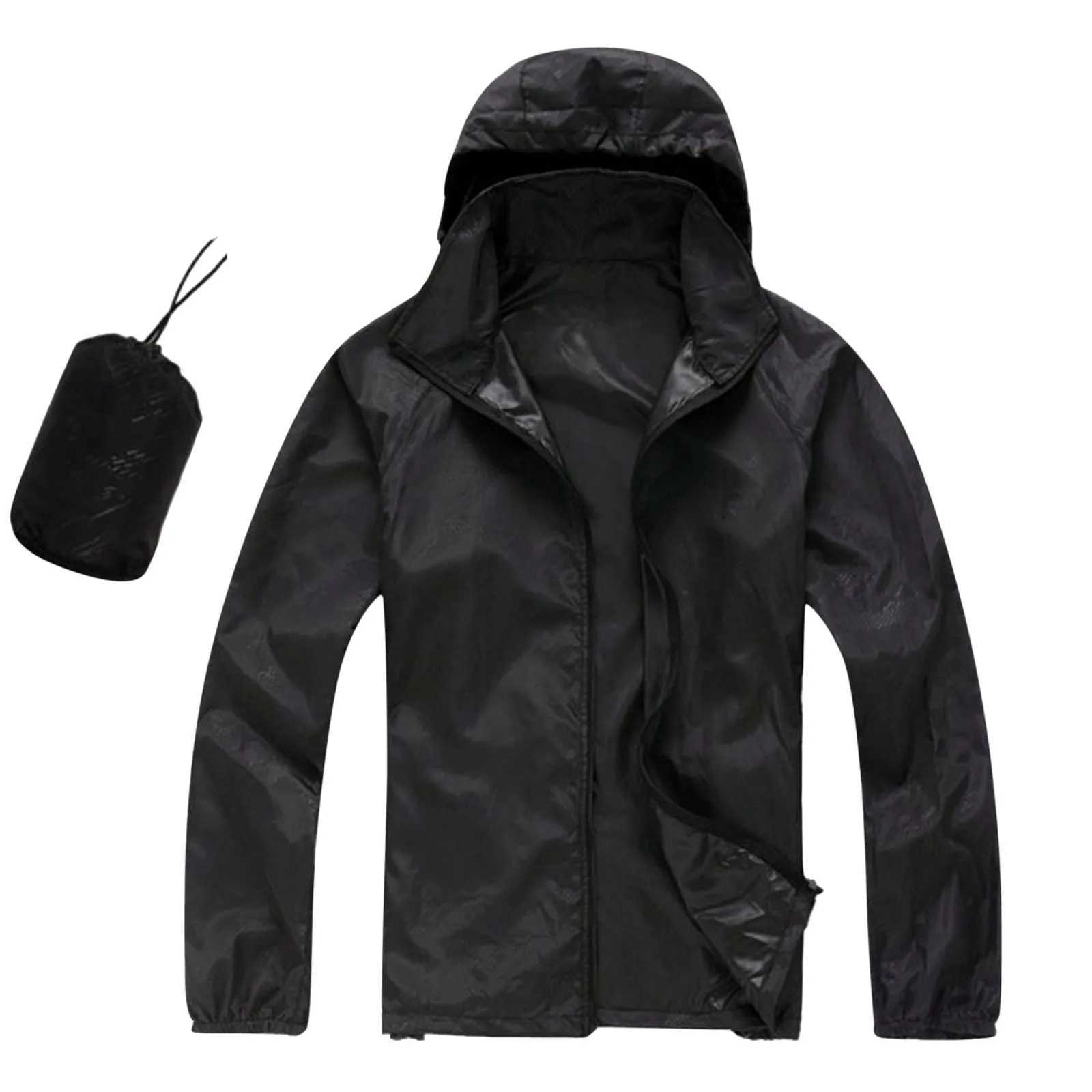 Mens Solid Color Packable Rain Jacket Lightweight Windproof Raincoat With Hood Outdoor Zip Up Outerwear Jacket Men Clothing XJ250621