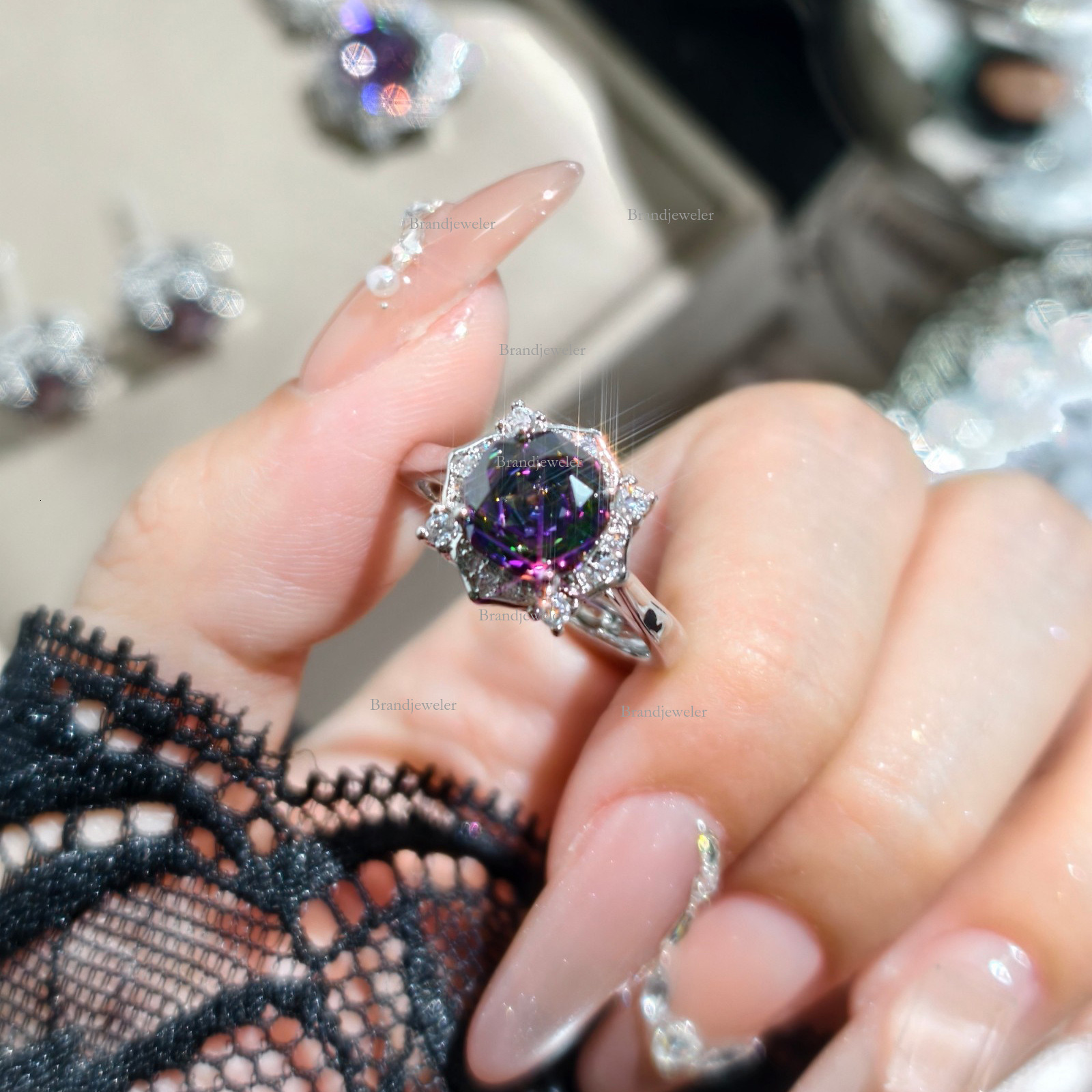 Designer Necklace 2025 New Free Delivery Model Millennium Rose Cut Colorful Fantasy Octagon Zircon Flower Necklace Pendant Open Ring Earring Set