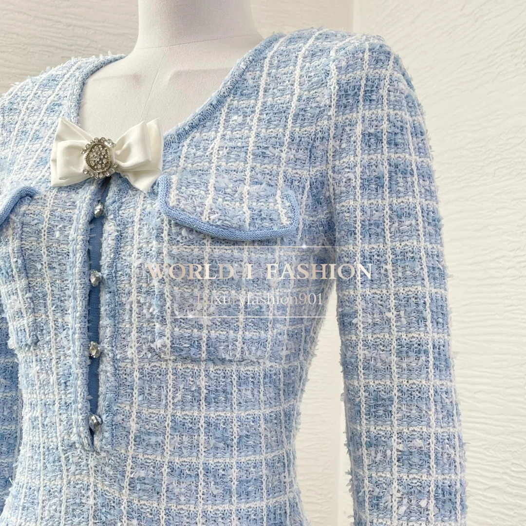 2025 Spring Elegant Womens Blue Knit Long Sleeve Bow Mini Dress High Quality 250617