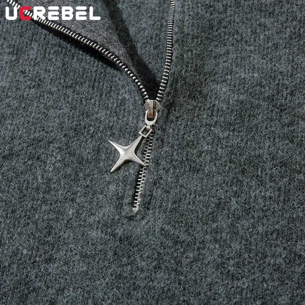 Raw Edge Knitted Sweater Mens Half Zipper Autumn Winter Loose High Street Long Sleeve Pullover Men Z250621