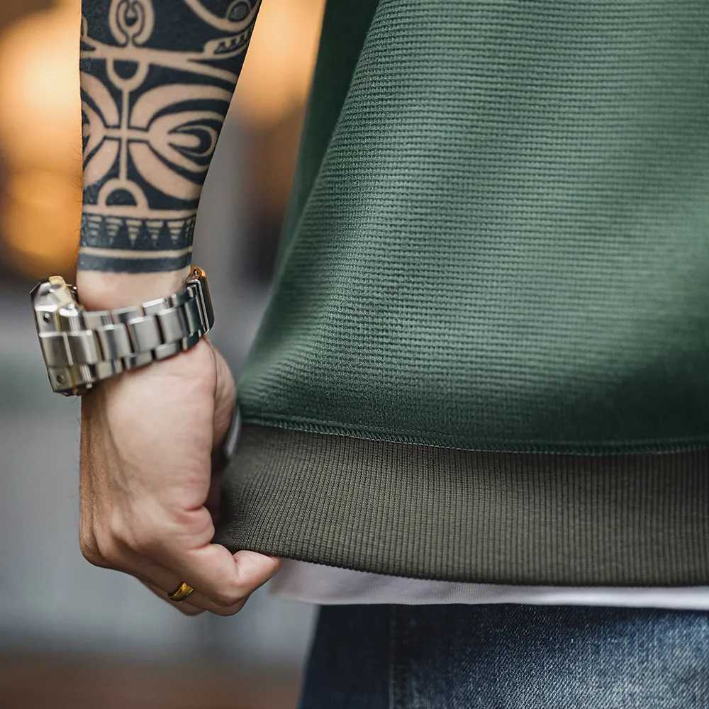 Maden Casual Waffle Knit Pocket Hoodie Mens Spring Loose Fit Long Sleeve Pullover Round Neck Sweatshirt Comfortable T-Shirt XJ250621