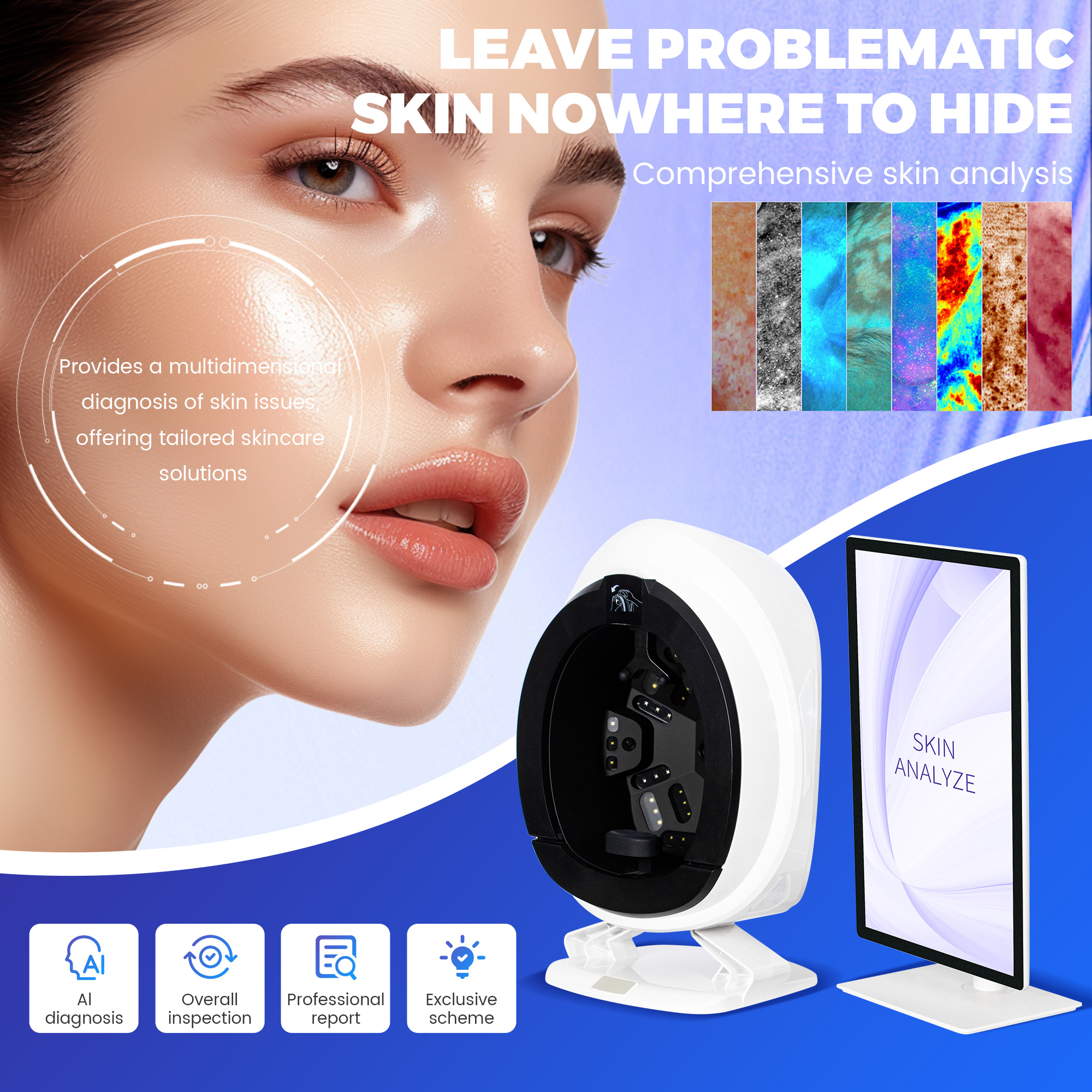 AISIA Q2 48MP Smart AI Facial Skin Analyzer Detector 3 Cameras 9 Spectra UV RGB Quantum 3D Skin Detection