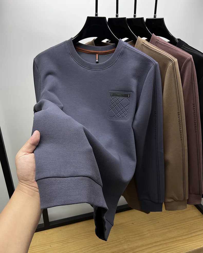 High-end pocket design brand long sleeve T-shirt mens round neck 2024 autumn fashion loose casual youth round neck sweatshirt XJ250621