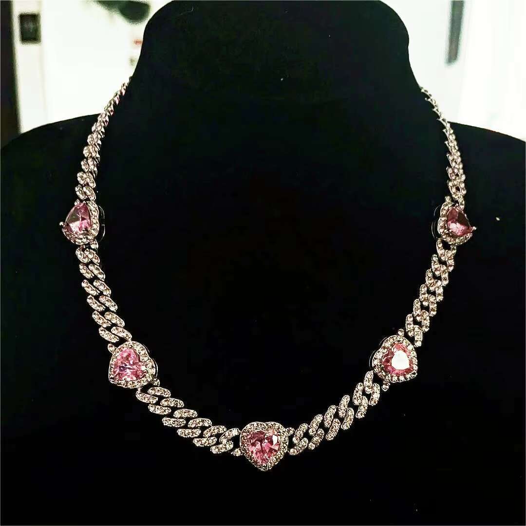 Luxury Moissanite Miami Cuban Chain Iced Out Pink Heart Custom Necklace Silver Moissanite Cuban Link Chain