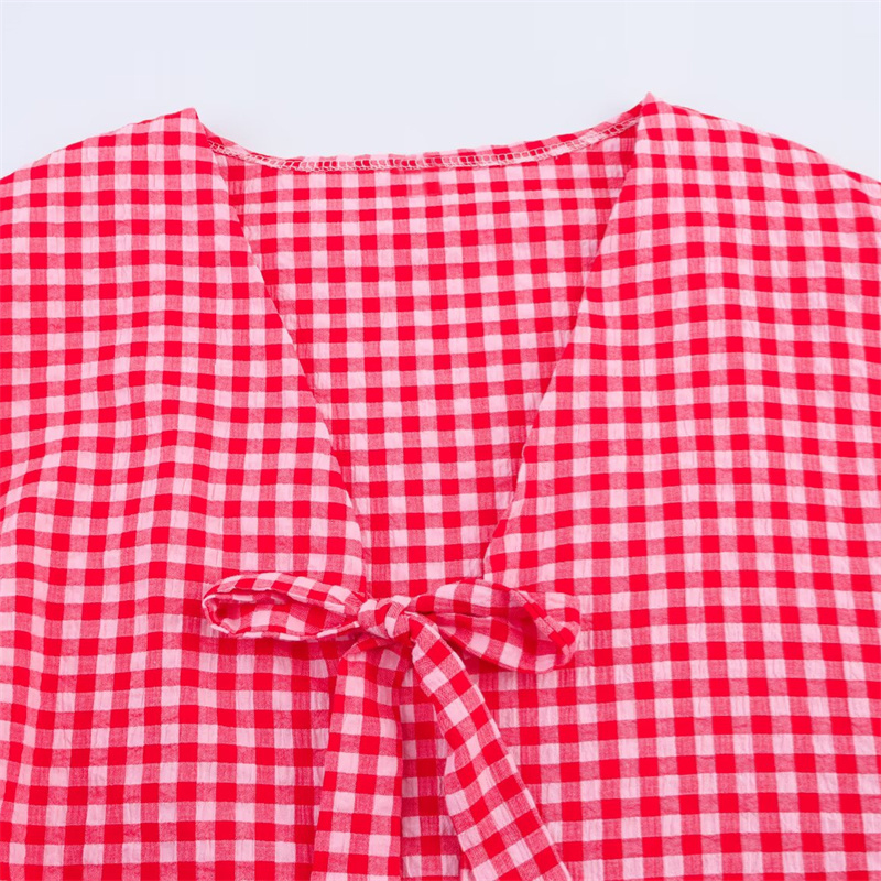 2025 Spring/Summer New Casual Women's Clothing Love Grid Embroidered Lace up Shirt with Bow Decoration