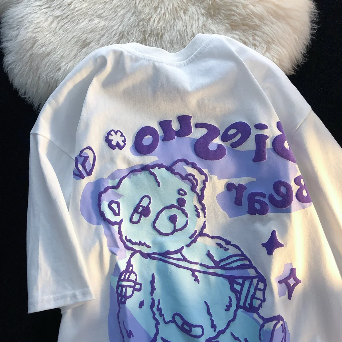Summer Large Bear Women T-shirt American-Style Retro Short Sleeve Ins Trendy Cartoon Graffiti Fat Top Graphic Oversized T Shirts