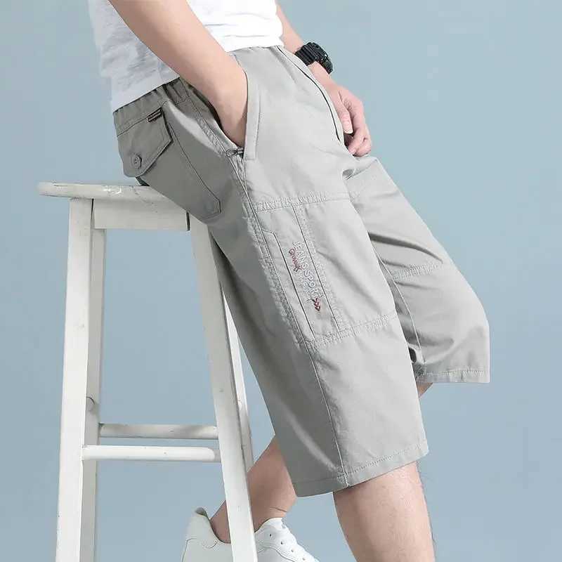 2025 New Mens Cargo Shorts Knee Pants Multiple Zipper Pocket Summer Cotton Shorts Climbing Jogger Elastic Waist Sports Wear W250621